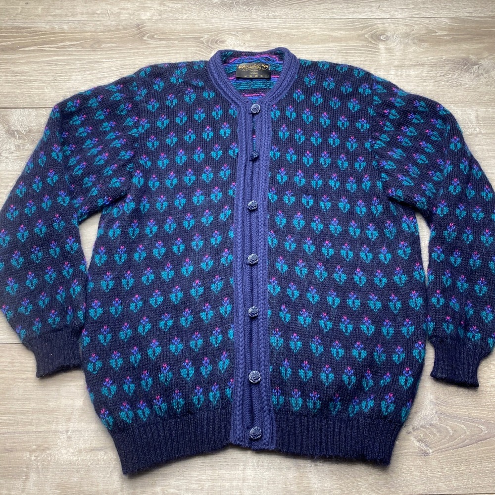 Vitabella‎ Sweater Cardigan Womens L Navy Blue Mohair Norway Floral Knit Vintage